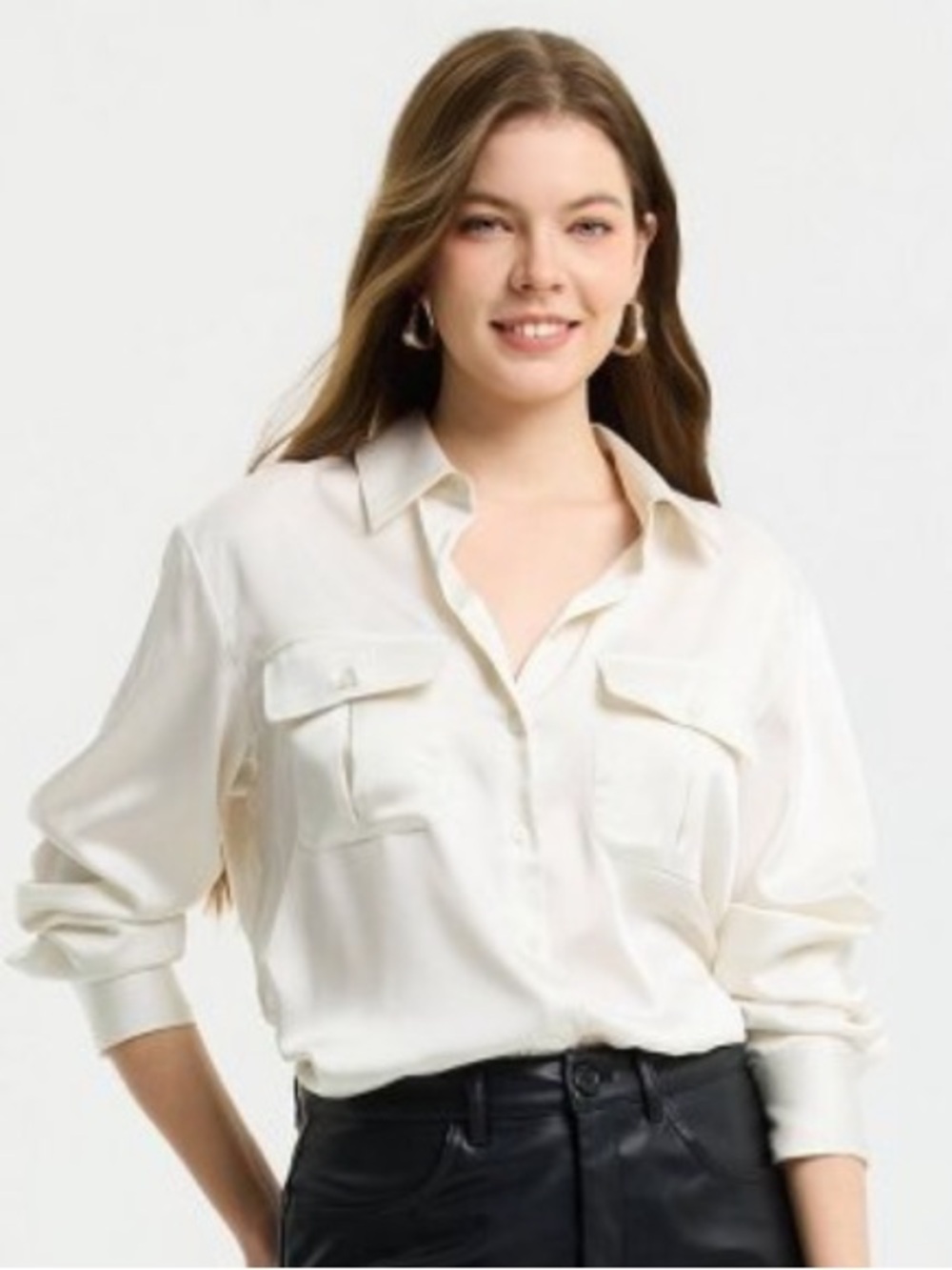 a new day Women’s Cream Satin Button Down Classic Collared Shirt NWT Medium